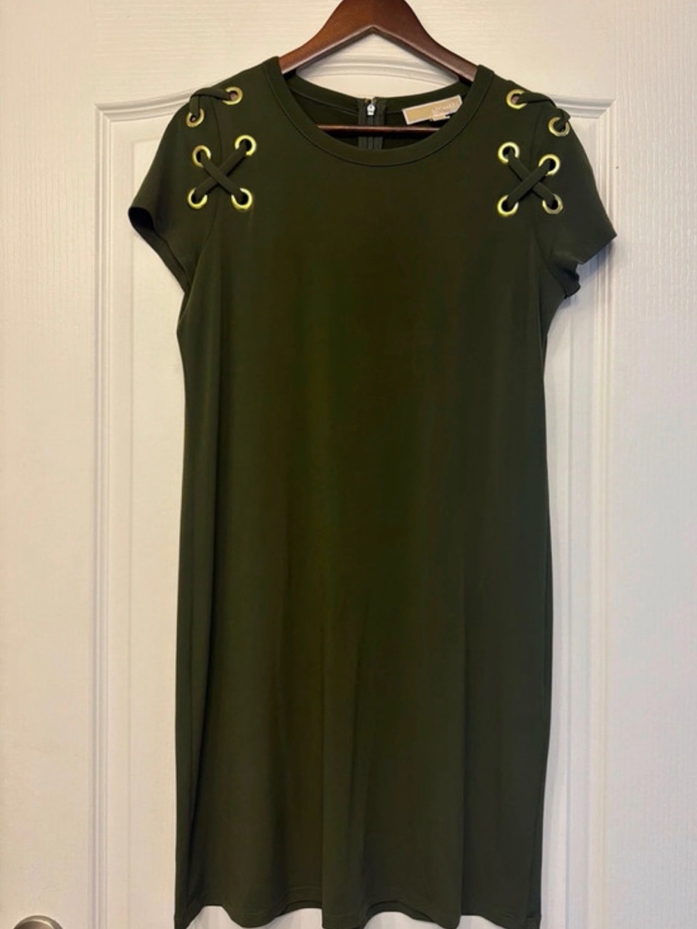Michael Kors Olive Green Shift Dress with Gold Grommet Accents